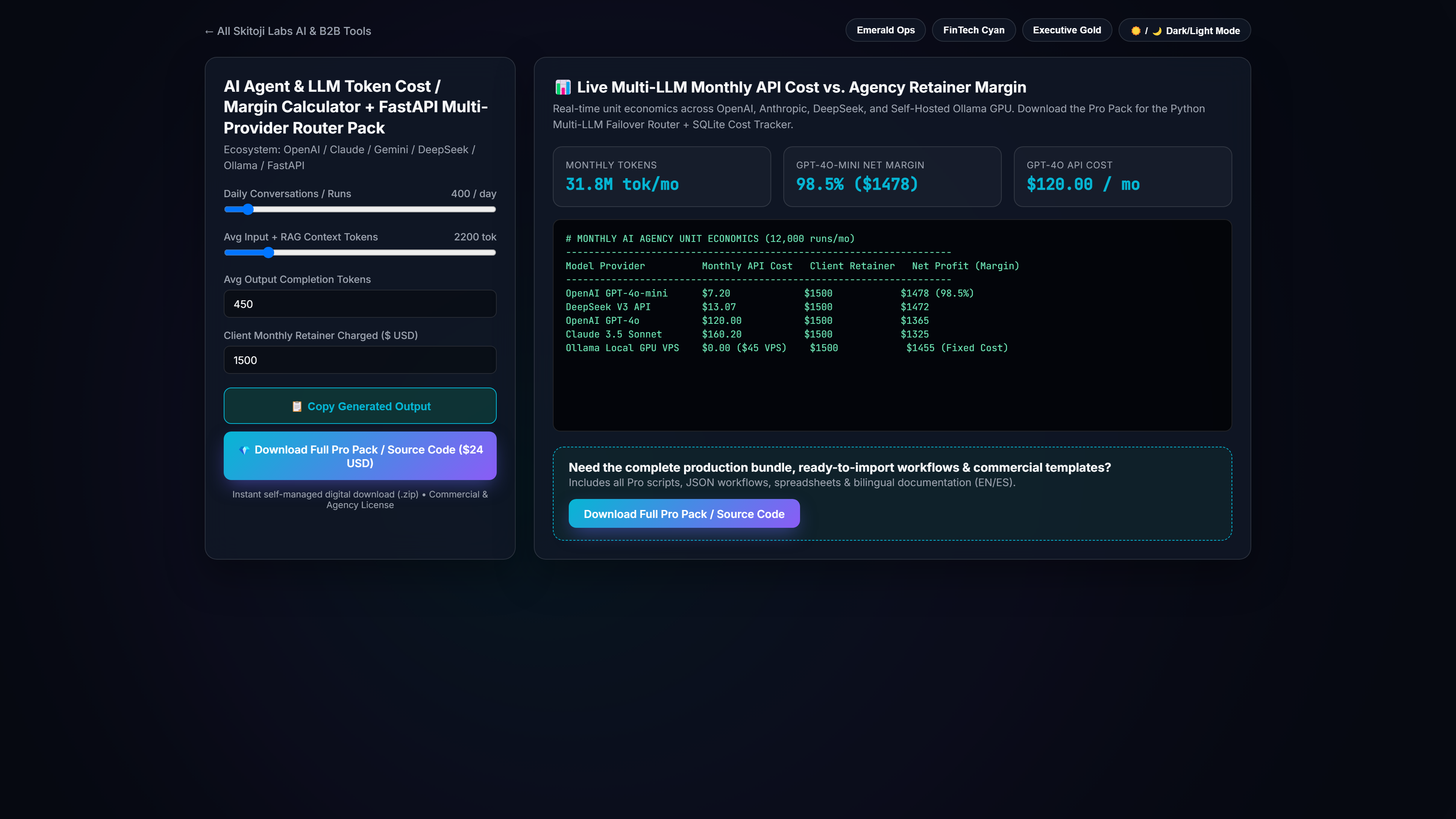 AI Agent & LLM Token Cost / Margin Calculator + FastAPI Multi-Provider Router Pack