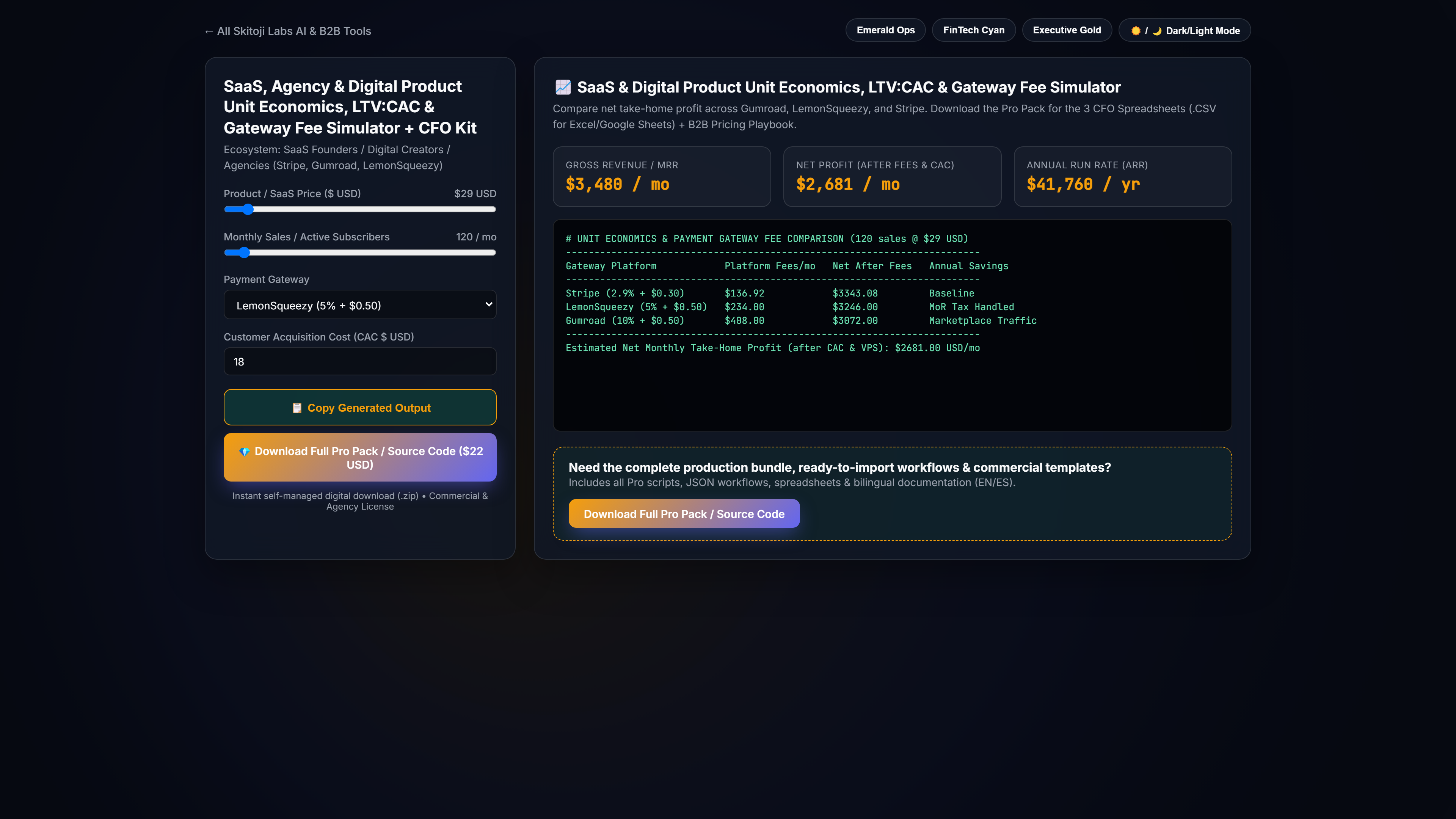 SaaS, Agency & Digital Product Unit Economics, LTV:CAC & Gateway Fee Simulator + CFO Kit